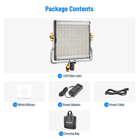 Package contents of Dimmable Bi Color LED Video Light With U Bracket For Studio And YouTube Vlog Shoots, 480 LED Beads, 3200 5600K Color Range
