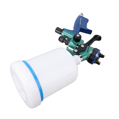 Rock Solid HVLP Spray Gun With Smooth 1.3mm Stainless Steel Tip And Rugged Copper Cup G1/4 Fast Swap Adjustable Dial Lightweight Frame with white cup.