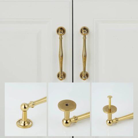 Premium Solid Brass Cabinet Pulls 5 Pack With 5 Inch Center Hole gold drawer handles on white cabinet doors.