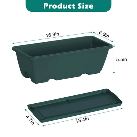 Four Pack Adjustable Railing Planter Boxes 16.9 Inch Window Flower Boxes With Metal Brackets For Balcony Fence Deck No Fuss Easy Install Indoor Outdoor Use Fits Railings Up To 4.9 Inches Detachable Support System Green