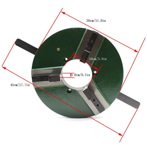 Heavy Duty 3-Jaw Lathe Chuck 12 Inch Self-Centering Beefy Grip For Wood Lathe Bowl Turning Metalworking CNC Milling Drilling With 4 Inch Center Bore Boss Level showing dimensions and steel body.