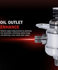 Close-up of high pressure fuel pump replacement for 3.6L V6 GM vehicles including Enclave and more, featuring oil outlet enhance text.