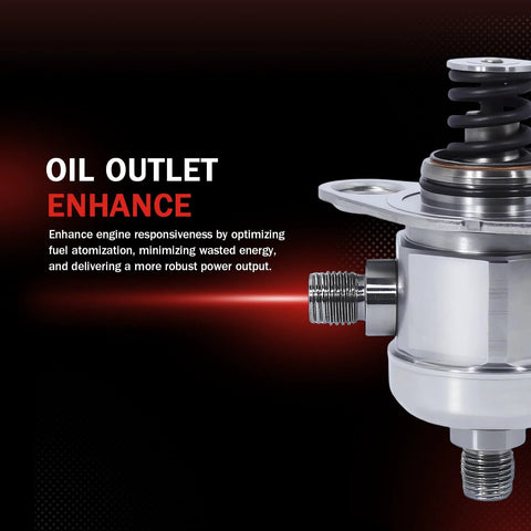 Close-up of high pressure fuel pump replacement for 3.6L V6 GM vehicles including Enclave and more, featuring oil outlet enhance text.