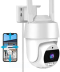 2K Outdoor Security Camera with 4MP HD Video and 360 Degree Pan Tilt Wireless capability viewed next to mobile app interface.