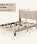 Prime Queen Bed Frame With Plush Wingback Headboard And Heavy Duty Steel Base dimensions showing a queen size design and structure.
