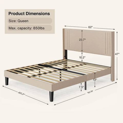 Prime Queen Bed Frame With Plush Wingback Headboard And Heavy Duty Steel Base dimensions showing a queen size design and structure.