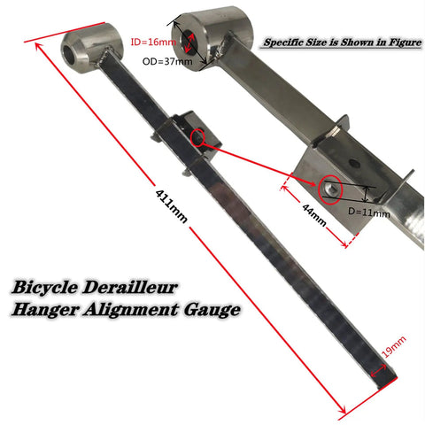 Pro Grade Derailleur Hanger Alignment Gauge showing measurements for 20 to 29 inch MTB and road bikes in stainless steel