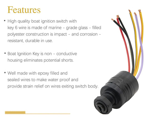 Boat Ignition Switch With Key Push To Choke 6 Wire Base Marine Grade Corrosion Resistant Includes 2 Keys And 6 Wire Connectors Plug And Play For Mercury Outboards with color-coded wires and switch details