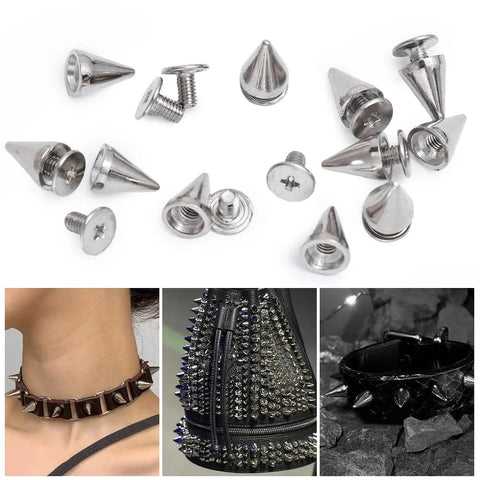 10pcs silver cone studs and spike rivet set for leather clothing and bags; metal punk hardware