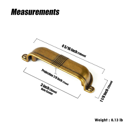 Six Pack 3 Inch Antique Brass Cup Pulls With Textured Strap Design for Kitchen Cabinets and Furniture, vintage bin handle measurements