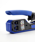 Mengkkk Heavy Duty RJ45 Crimping Tool With Built In Wire Stripper and Cutter, blue handle, detailed connector ports.