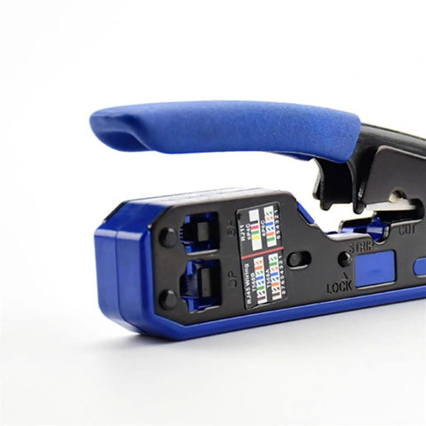 Mengkkk Heavy Duty RJ45 Crimping Tool With Built In Wire Stripper and Cutter, blue handle, detailed connector ports.