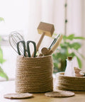 Heavy Duty 50 Foot 8mm Jute Rope For Crafts And Cat Scratcher Posts Bundling And Hanging Natural Thick Twine wrapped around utensils