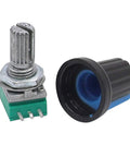Close-up of Ten Pack 10K Potentiometer Kit with knurled shaft, top adjustment, three pin rotary linear potentiometer RK097N-3-10K style