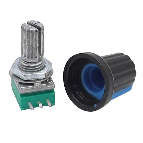 Close-up of a potentiometer with a knurled shaft and a 3-pin top adjustment from the 12 Piece Sealed Linear Rotary Potentiometers Set 5K 10K 20K 50K 100K 500K Ohm Knurled Shaft 6mm 3 Pin Top Adjustment RK097N 3 Series Ideal For Audio Amplifier Control And DIY Electronics Projects.