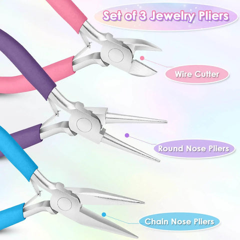 Three Piece Jewelry Pliers Set with needle nose pliers, round nose pliers, wire cutters for jewelry making, repair and crafts