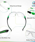 Rock Solid Pair Of Uv Shielding Safety Glasses With Anti Fog Scratch Proof Wraparound Lenses, featuring adjustable temples and non-slip rubber tips.