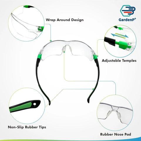 Rock Solid Pair Of Uv Shielding Safety Glasses With Anti Fog Scratch Proof Wraparound Lenses, featuring adjustable temples and non-slip rubber tips.