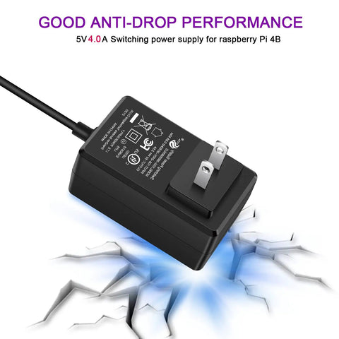 20W USB-C Power Supply for Raspberry Pi 4 with 5V 4A output, anti-drop performance, UL listed adapter, showing durability on cracked surface