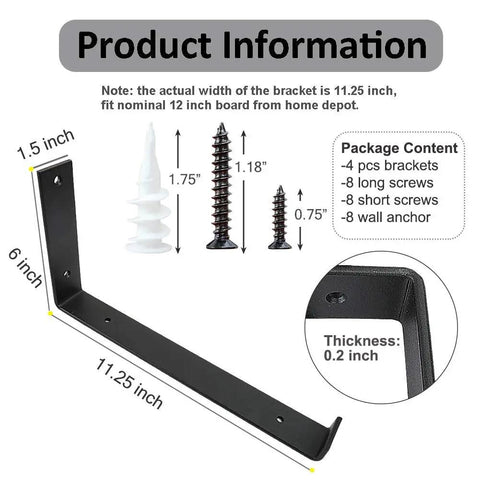 12 Inch Shelf Brackets 4 Pack Heavy Duty Frosted Black With Lip For Floating Shelves Rustic Iron Metal DIY Hardware Included