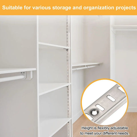 Closet installation with adjustable shelf brackets from Eight Pack Adjustable Shelf Brackets For Thirty Five Point Four Inch Shelf Track Aluminum Alloy Wall Shelves Standards And Supports Heavy Duty Build For Garage Organization Storage Space Saving In Closets And Workshops And Bookcases Black.