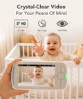 Patented Active Noise Reduction 5 Inch HD Video Baby Monitor With One Camera No Wifi Hack Proof Pan Tilt Zoom showing baby reaching out.