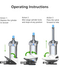 Operating instructions for Five Way Three Position Foot Operated Pneumatic Valve With Center Closed Return 1 MPa G One Quarter Inch Port Aluminum Alloy Body. Three actions: depress, lock, release.