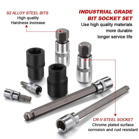 107 Piece Workhorse Allen and Torx Socket Set with Hex Ball End Bits showcasing durable S2 alloy steel and CR-V steel materials.