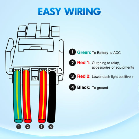 Easy wiring diagram for Flux Capacitor Push Button Switch 12V LED SPST With Wire Kit Replacement For Toyota models showing color-coded wires.