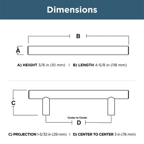 Dimensions diagram of Satin Gold Cabinet Handles Set 30 Pack With Three Inch Center Holes Modern Pulls For Drawers Kitchen Cabinets And Dressers