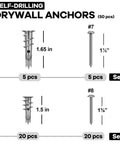 100 Pcs Zinc Self Drilling Drywall Anchors With 8 Stainless Steel Screws Kit, image showing anchors and screws dimensions.