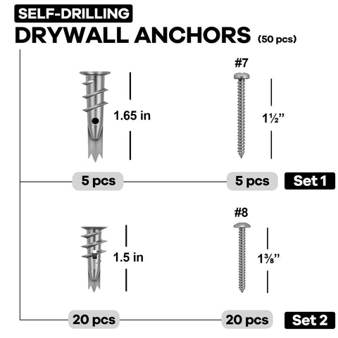 100 Pcs Zinc Self Drilling Drywall Anchors With 8 Stainless Steel Screws Kit, image showing anchors and screws dimensions.