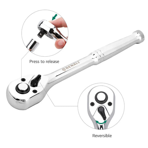 142 Piece Mechanics Tool Kit And Socket Set with High Torque Ratchet, 72-Tooth Gear shown with release and reversible features.