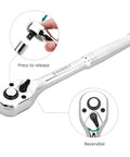 Close-up of a chrome vanadium steel 72-tooth ratchet from 170-Piece Do-It-All Tool Kit And Socket Set With Cr-V Steel Heavy-Duty 72-Tooth Ratchets SAE And Metric Sockets Wrenches Hex Keys Screwdrivers And Pliers For DIY Home Repairs.