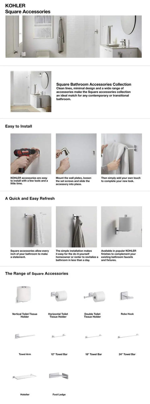 Range of Kohler square bathroom accessories for modern updates, featuring Avid Towel Arm 9 15 16 Inch Open Ended Design For Easy Access.