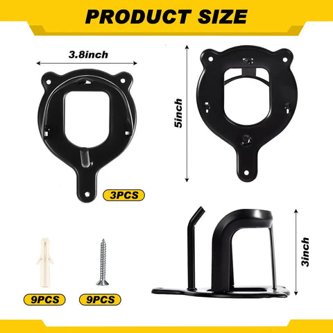 Triple Pack Horse Bridle Rack Hook Set dimensions with expansion tubes and screws for tack storage, black finish.