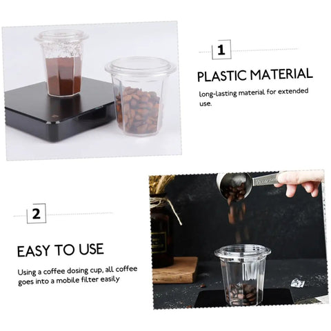 Clear plastic Espresso Dosing Cup for Coffee Machines with Anti Scatter Powder Design on a black scale with coffee inside.