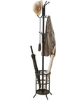All In One Freestanding Coat Rack Stand With Built In Umbrella Holder And Hat Hanger 12 Hooks Space Saving Metal Organizer For Hallway Or Mudroom Heavy Duty Entryway Rack displaying hats, umbrellas, and coat in a hallway setting.