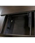 Inside view of L Shaped Lift Top Standing Desk 56 Inch Wide Hardwood Corner Workstation featuring smooth lift mechanism.