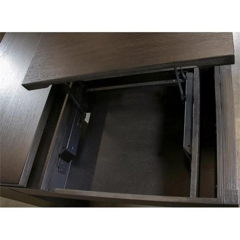 Inside view of L Shaped Lift Top Standing Desk 56 Inch Wide Hardwood Corner Workstation featuring smooth lift mechanism.