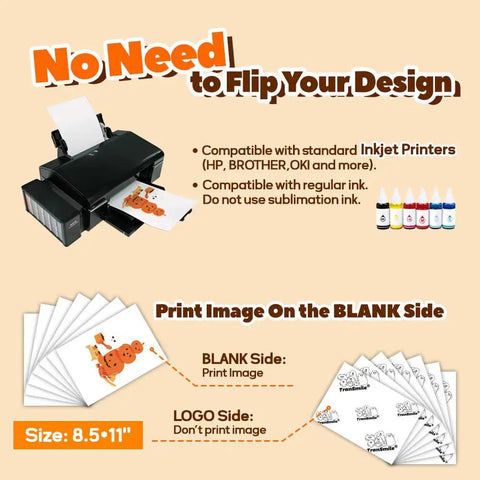 Inkjet printer with PU heat transfer paper for dark fabrics, vibrant printed sheets, 10 pack 8.5x11, easy peel iron-on transfers.