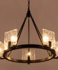 5 Light Black Farmhouse Chandelier for Dining Room and Foyer, Go-To Rustic Round Wagon Wheel Pendant Light With Glass Shades