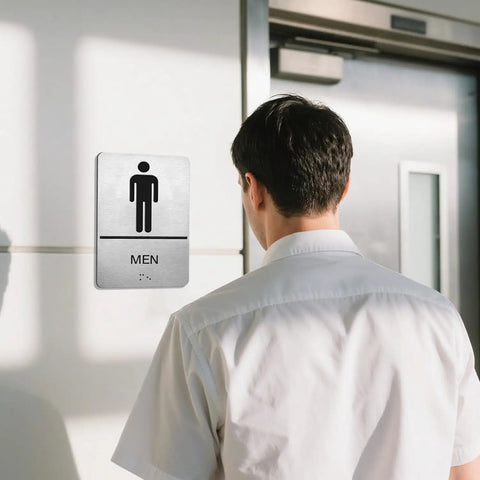ADA Braille Restroom Sign Set 9 By 6 Inches Self Adhesive Silver Two Pack For Men And Women Bathroom Door Signs High Contrast Graphics Durable Office And Public Restrooms No Fuss Install on a men's restroom door