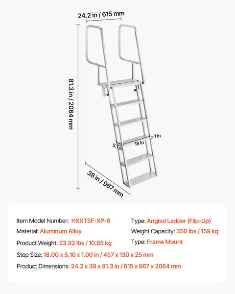6 Step Beefy Heavy Duty Aluminum Dock Ladder With Flip Up Design, Non Slip Wide Steps, 350 Lb Weight Capacity, Pontoon Boat Swim Ladder With Pull Rope Assist For Lake Pool Marine Boarding, Durable Easy To Use, angled view with dimensions