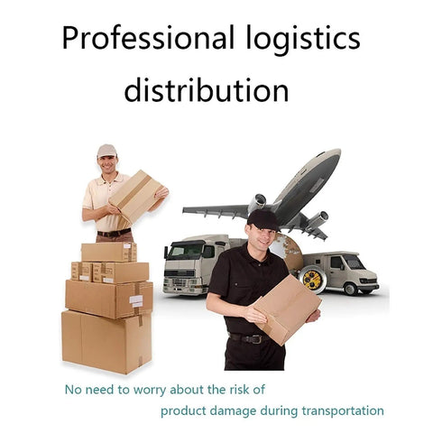 Professional logistics distribution with delivery personnel, cardboard boxes, airplane, truck, and van in motion.