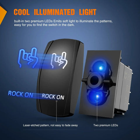 Rock On Rocker Switch Led Light Bar Kit With 5 Pin SPST On Off Illuminated Switches, blue LEDs visible on black switch
