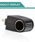 No Hassle Heavy Duty Automotive Power Converter Steps Down AC 220V To DC 12V Right Out Of Your Cigarette Lighter Port Straight Up Plug And Play Universal Adapter side view with AC outlet and cigarette lighter socket.