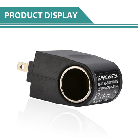 No Hassle Heavy Duty Automotive Power Converter Steps Down AC 220V To DC 12V Right Out Of Your Cigarette Lighter Port Straight Up Plug And Play Universal Adapter side view with AC outlet and cigarette lighter socket.