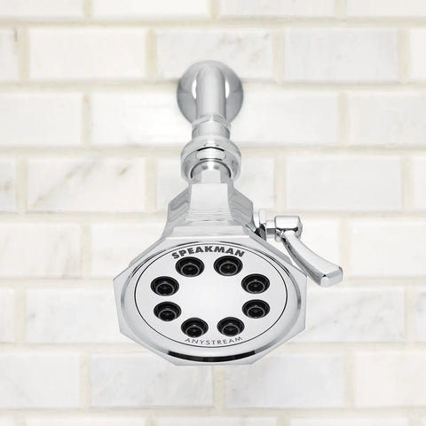 Vintage 8 Jet Low Flow Shower Head 2.0 GPM Polished Chrome with Old School Retro Design and Spa Vibe on tiled wall