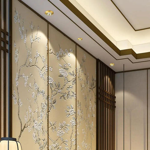 Built Tough 4.3 Inch Adjustable Eyeball Led Recessed Downlight Featuring Solid Brass Housing And Anti Rust Die Cast Baffle Trim For Cool Running Home Fixtures illuminating an elegant wall design.